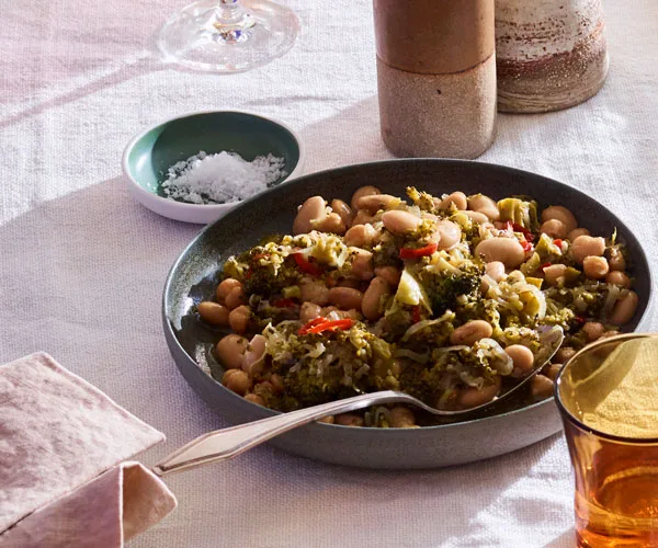 Braised broccoli with butter beans, chickpeas and chilli