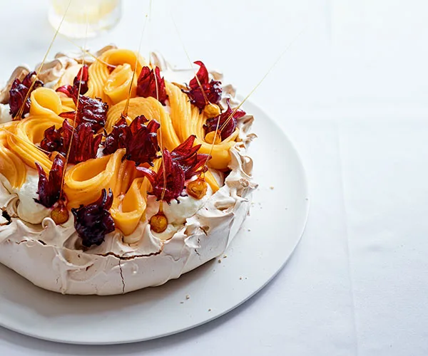 Lauren Eldridge's brown-sugar pavlova with mango, hibiscus, hazelnut and coconut cream