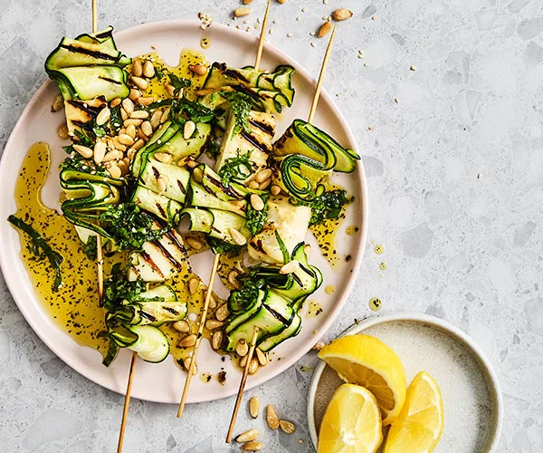 Zucchini and haloumi skewers with mint dressing