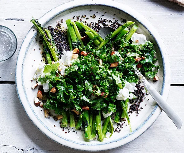 Blistered kale ribs with kale-leaf and quinoa salad