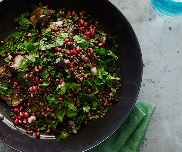 Grilled eggplant salad with lentils and sesame yoghurt