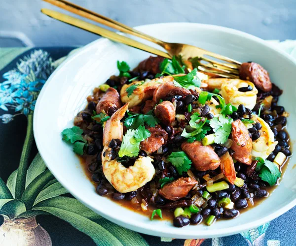 Prawns with black beans, chorizo and chipotle