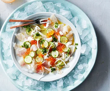 Snapper crudo with roe and cucumber