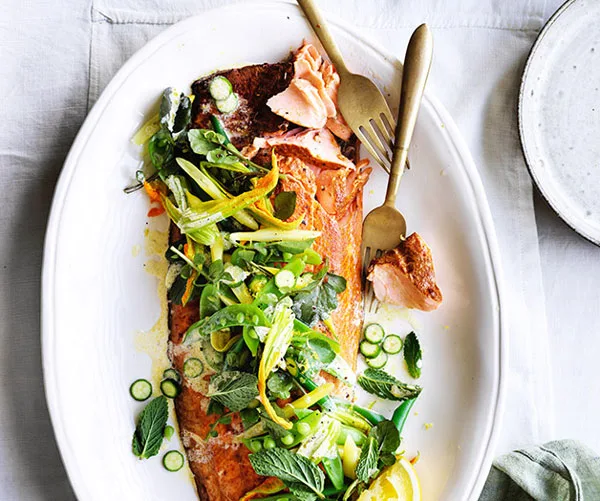 Smoked ocean trout with beans, peas and mint
