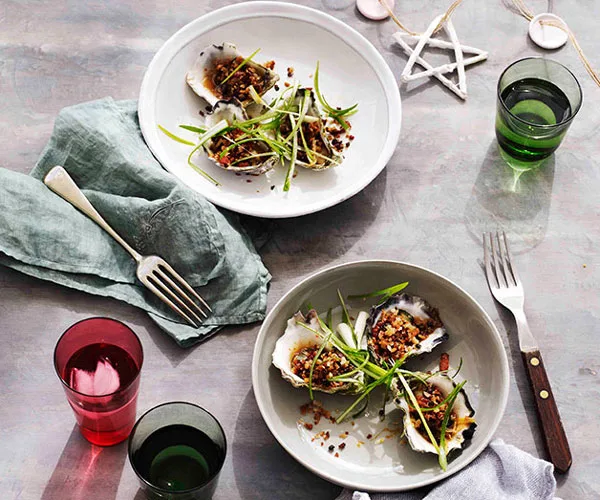 Lightly steamed XO oysters with bacon crumbs