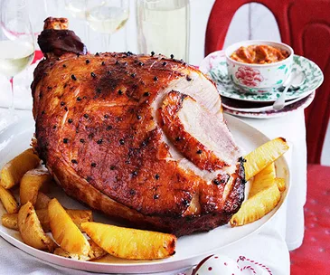 Pineapple and rum glazed Christmas ham with tomato sambal