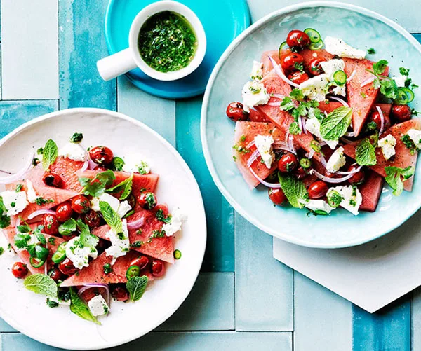 Watermelon, grilled tomato and coriander salad