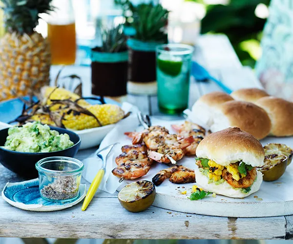 Barbecued prawn and corn rolls with smashed avocado