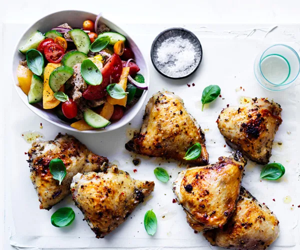 Roast chicken thighs with sourdough panzanella