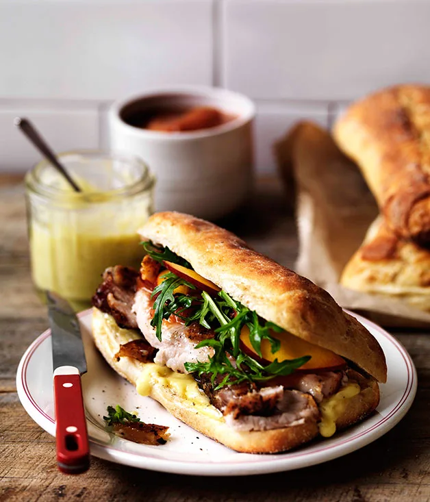 Porchetta, crackling and nectarine relish on ciabatta