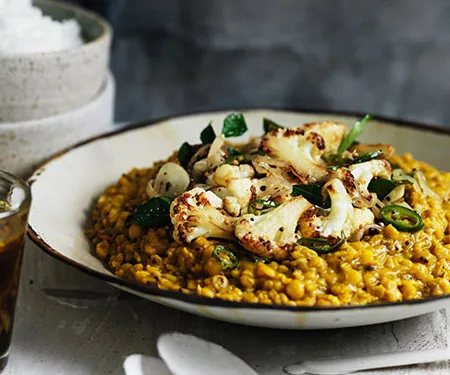 Dhal with crisp cauliflower and rasam