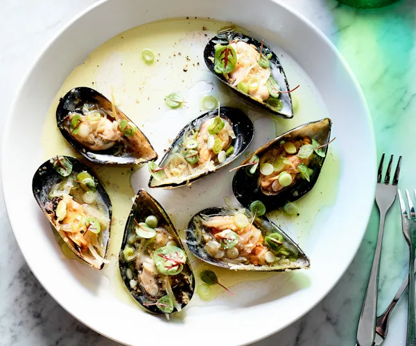 Napier Quarter's mussels dressed with spring-onion  and verjuice vinaigrette