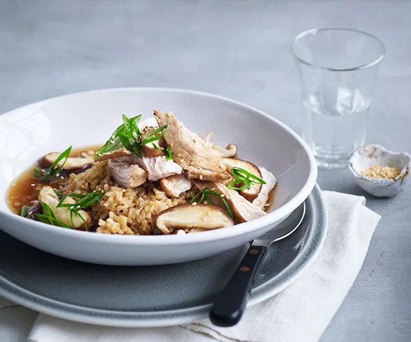 Soy-poached chicken, brown rice and shiitake mushrooms