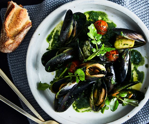 Banksii's mussels with vermouth, green olives and nettle butter