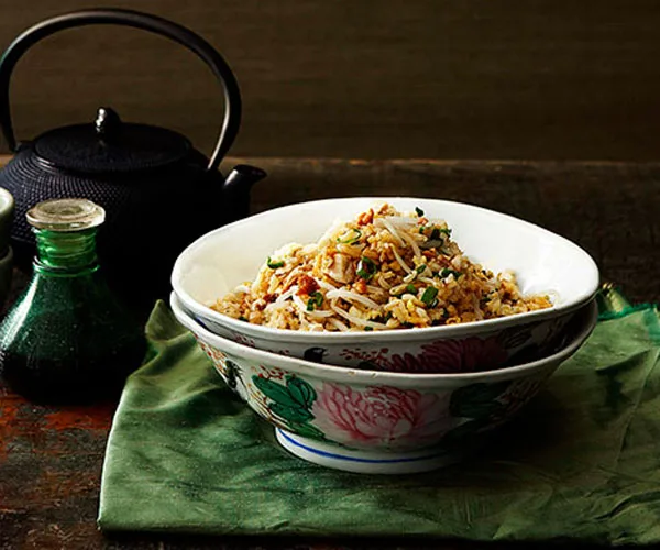 Cantonese fried rice with chicken, salted fish and bean sprouts