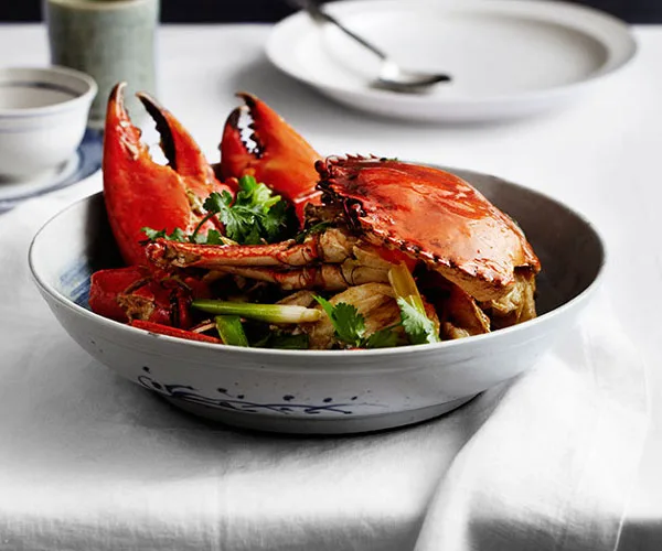 Saut&eacute;ed mud crab with ginger and spring onion (keong chung hai)