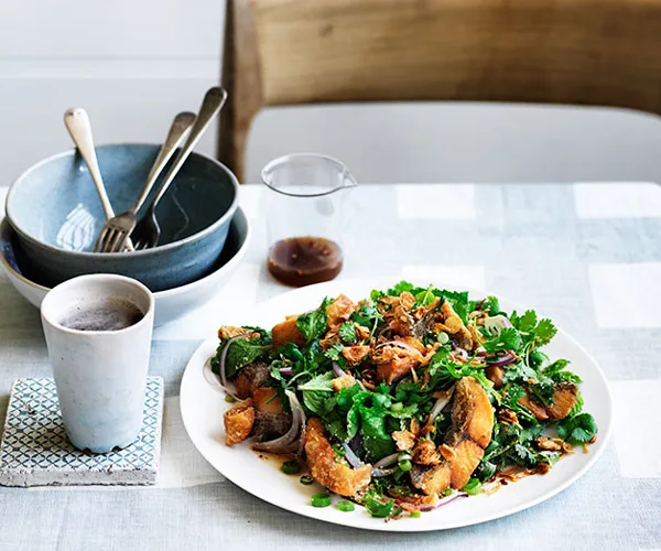 Crisp barramundi fillets with roasted chilli, mint and coriander