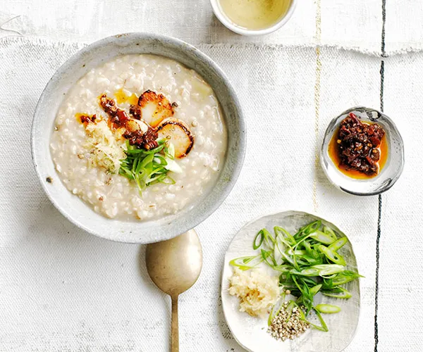 Brown rice congee with ginger and chilli-black bean sauce