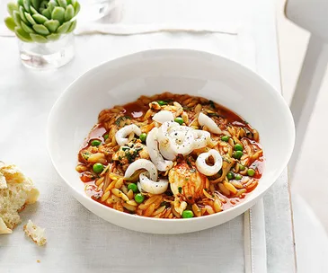 Moreton Bay bug, cuttlefish and orzo saffron broth