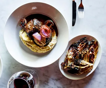 Braised beef shin with charred  onion and bagna cauda
