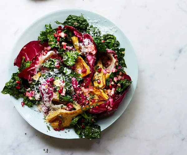 Warm autumn salad of artichoke, pomegranate and radicchio