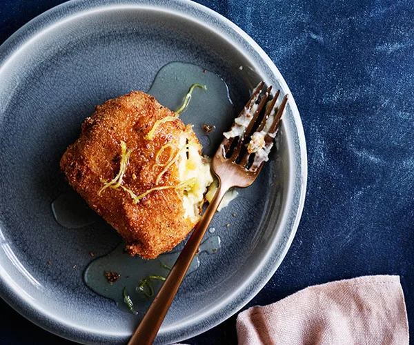 Fried custard squares with ginger syrup