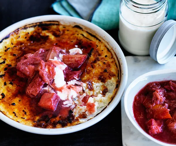 Caramel pudding with crème fraîche, rhubarb and vanilla