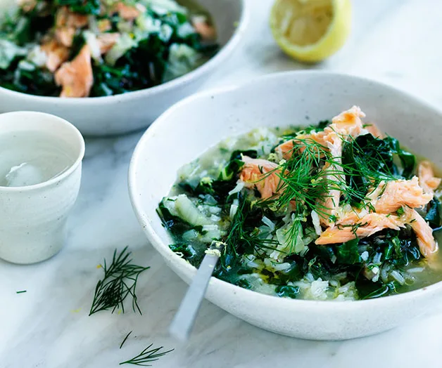 Silverbeet soup with rice, lemon and smoked trout