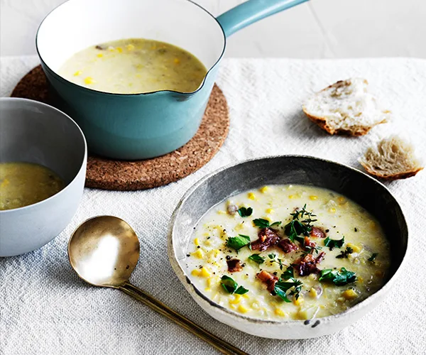 Smoked bacon, potato and corn chowder recipe