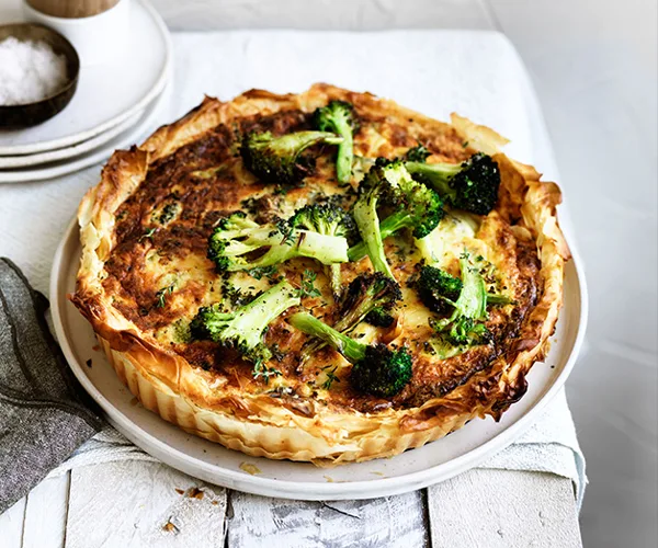 savoury tart with roast broccoli on top