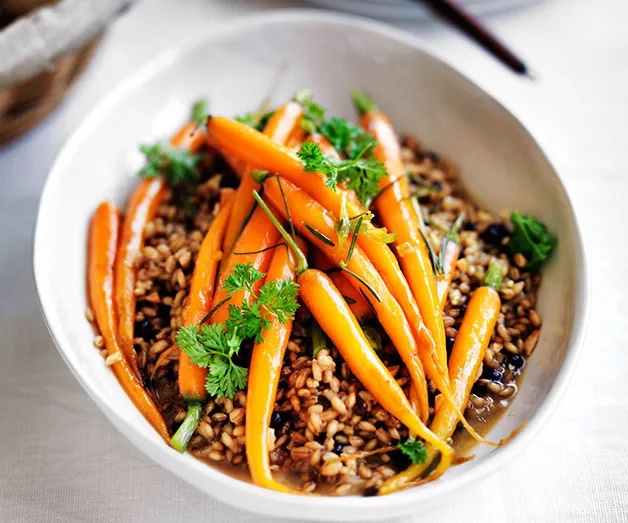 Rosemary-glazed carrots with barley pilaf