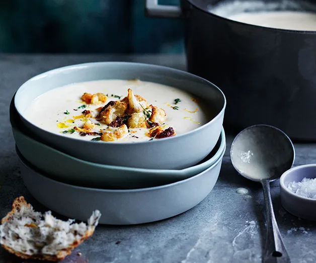 Roast garlic, cheddar and ale soup with fried cauliflower