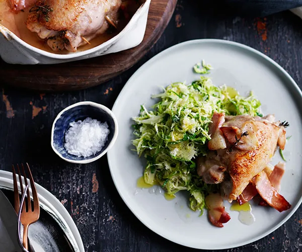 Thyme and garlic roast chicken with Brussels sprouts slaw