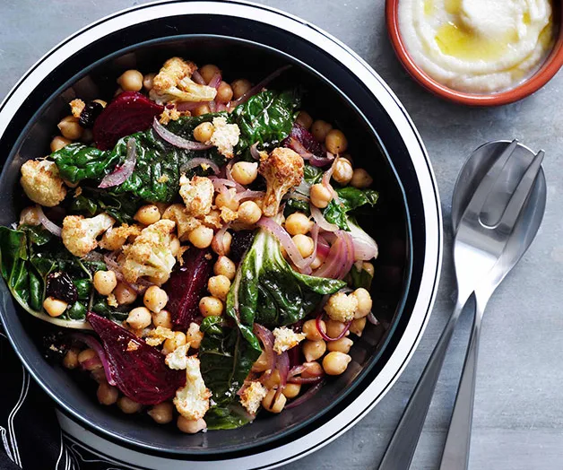 Warm cauliflower, chickpea and beetroot salad