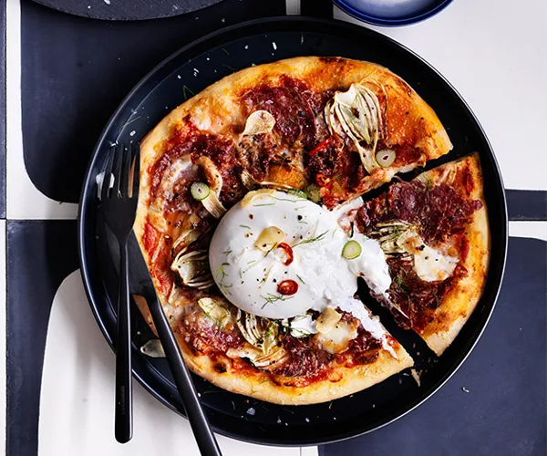Salami and fennel pizza with burrata recipe