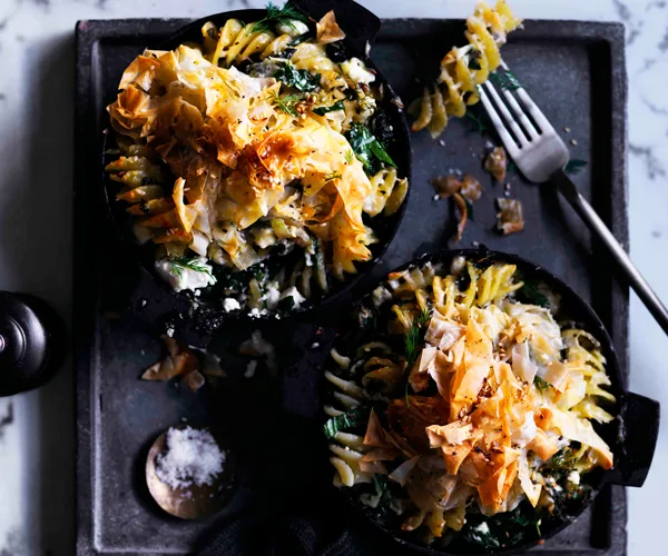 Fusilli with greens, fennel and feta