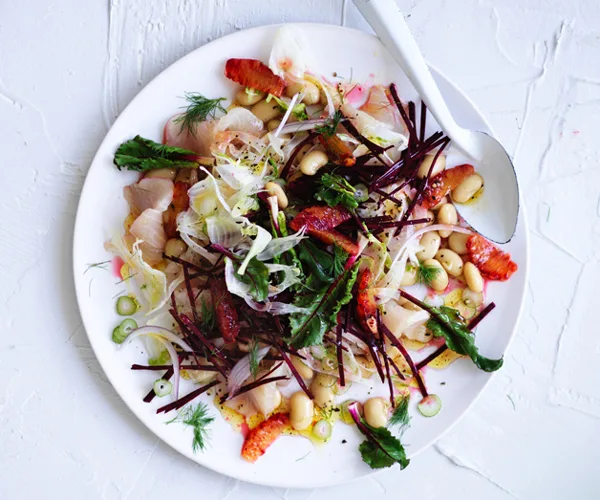 Kingfish crudo with white beans, fennel and blood-orange dressing