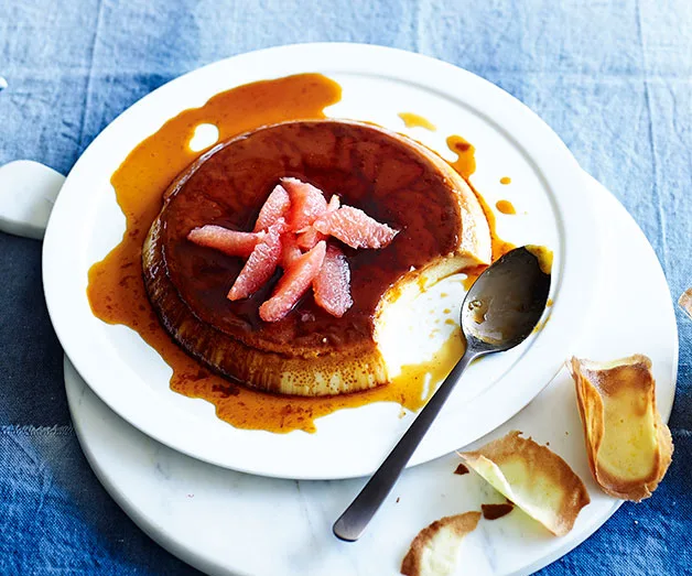 Boozy crème caramel with grapefruit tuiles