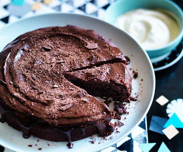 Chocolate, prune and walnut cake with chocolate and Sherry ganache