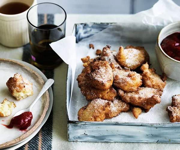 Rice pudding fritters with rhubarb and winter strawberry jam