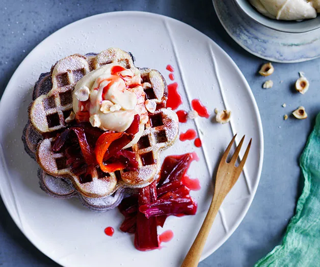 Rhubarb and custard brown-sugar waffles