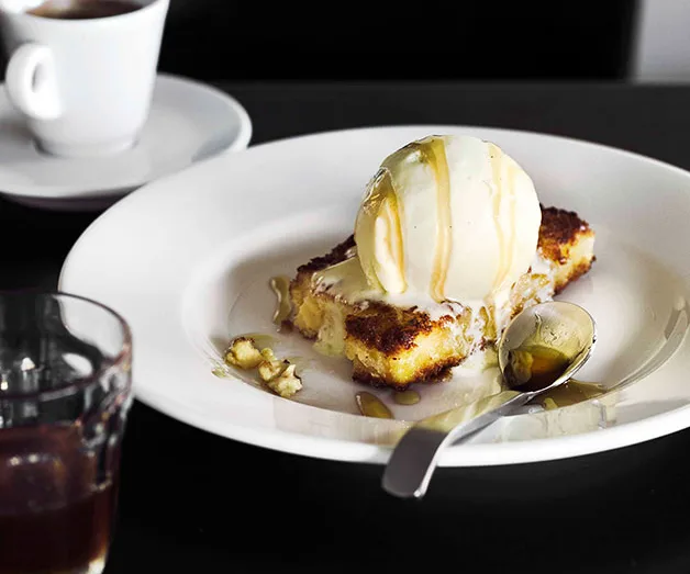 Fried custard with vanilla ice-cream and honey