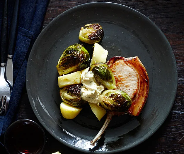 Pork chops, Brussels sprouts and potatoes with mustard and cider butter