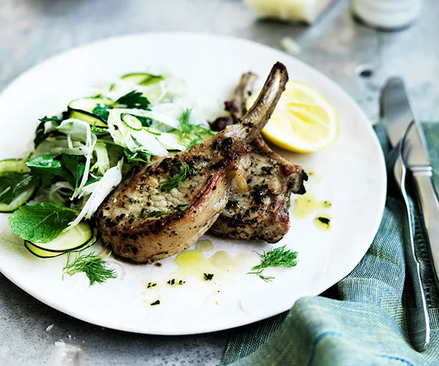 Grilled pork chops with zucchini, fennel and mint salad