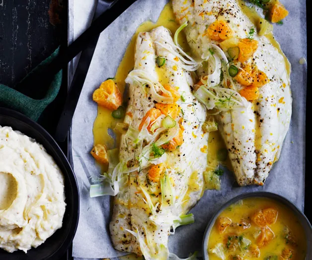 Roast snapper with mandarin and fennel sauce