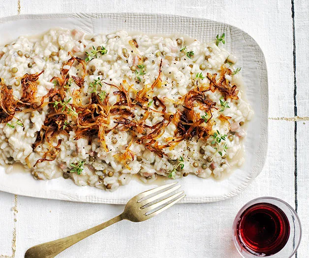 Rice and lentil risotto with pancetta