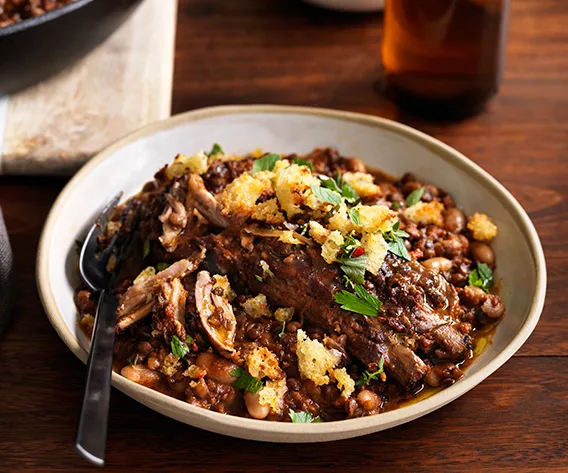 Pork rib, black lentil and white bean stew