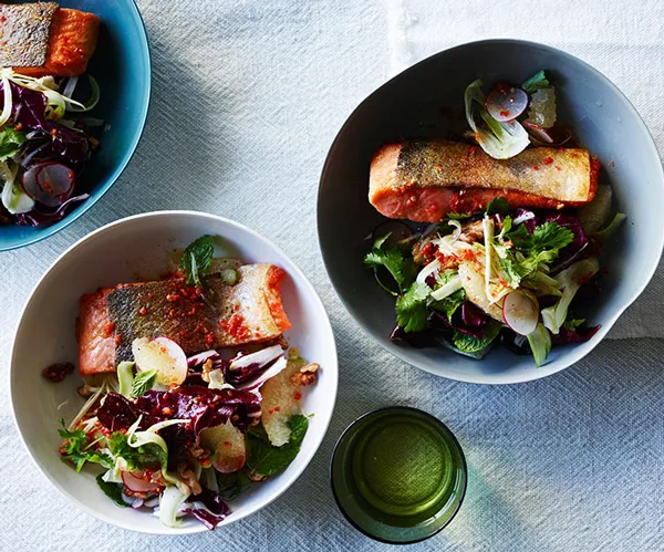 Crisp-skin trout with grapefruit, walnut and radicchio salad