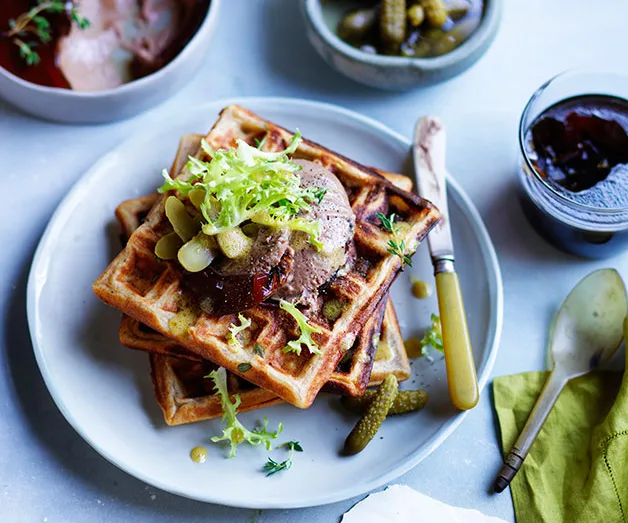 Overnight rye waffles with pâté, Port jelly and cornichons