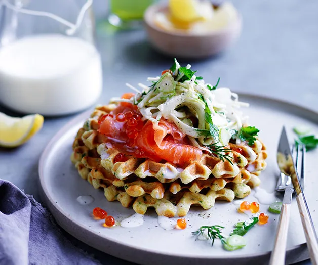 Buttermilk waffles with cured ocean trout and fennel salad